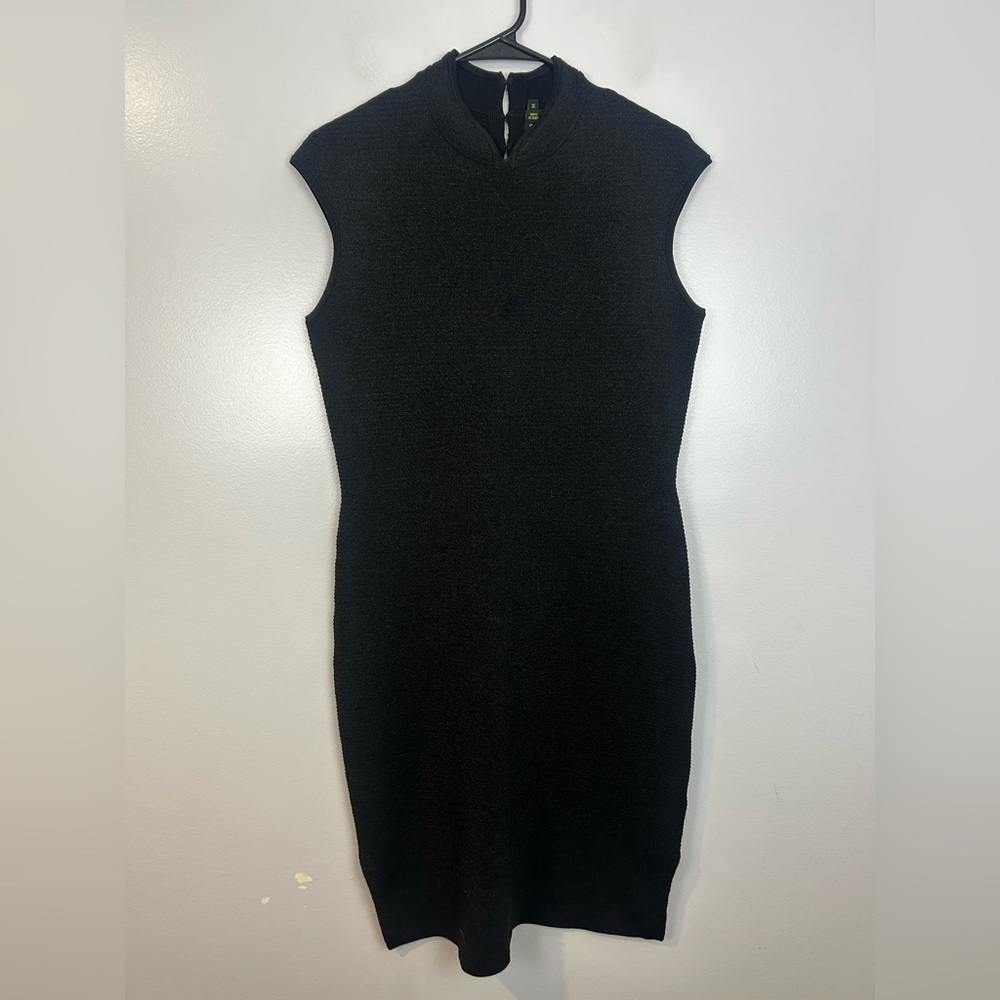 Shanghai Tang Black Metallic Sleeveless Mandarin Collar Sheath Dress Medium
